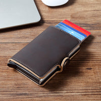 Men Crazy Horse Leather Automatic Credit card holder Wallet Aluminum Mini Wallet With Back Pocket ID Card RFID Blocking purse