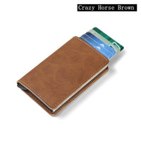 Men Crazy Horse Leather Automatic Credit card holder Wallet Aluminum Mini Wallet With Back Pocket ID Card RFID Blocking purse