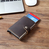 Men Crazy Horse Leather Automatic Credit card holder Wallet Aluminum Mini Wallet With Back Pocket ID Card RFID Blocking purse