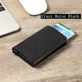 Men Crazy Horse Leather Automatic Credit card holder Wallet Aluminum Mini Wallet With Back Pocket ID Card RFID Blocking purse