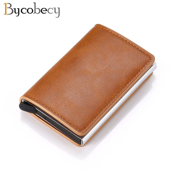 Bycobecy Credit Card Holder Wallet Men Women Metal RFID Vintage Aluminium Bag Crazy Horse PU Leather Bank Cardholder Case New