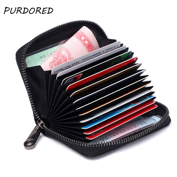 PURDORED 1 pc Men Business Card Holder Genuine Leather Credit Card Holder Women Zipper Pocket Unisex Card Case Zipper Coin Purse